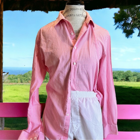 Pink gingham check button up cotton shirt. Gingham is super trendy summer wear - Picture 10 of 15